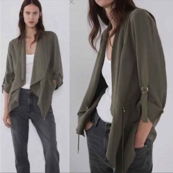 Zara Basic Waterfall Open Front Utiilty Jacket In Olive Green Size M EUC - Picture 1 of 15